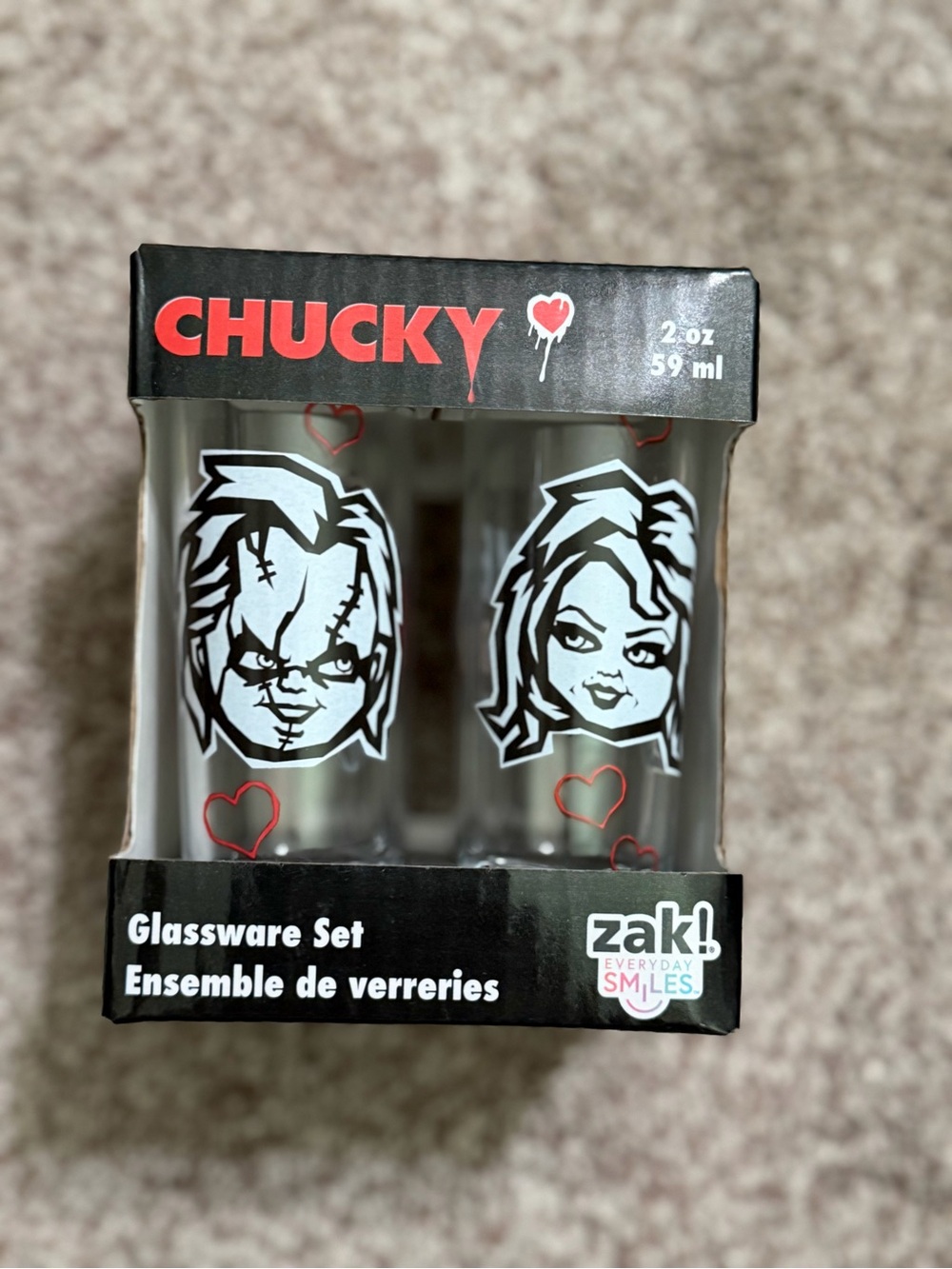 Chucky Glassware Shot Glass Set - Red & Black Heart Design